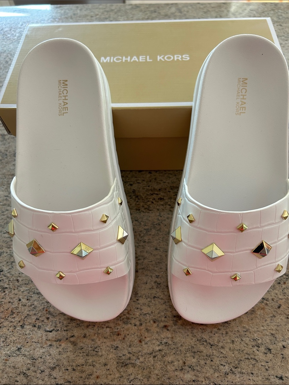 Michael Kors White Slide Sandals with Gold Pyramid Studs - Picture 2 of 5